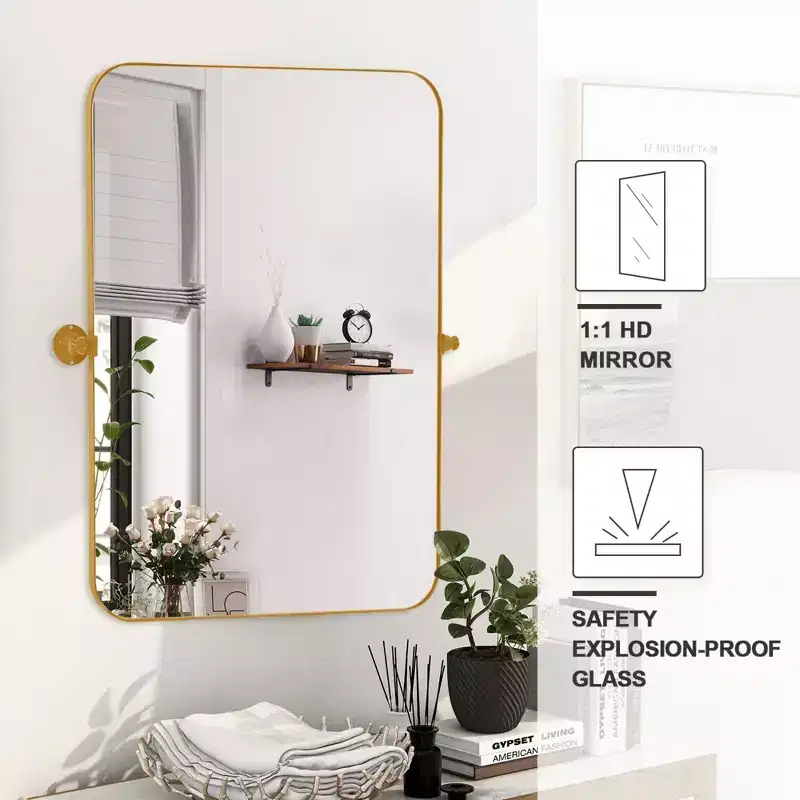 Iron Round Corner Rectangular Gold Metal Hanging Mirror 91x61x4cm