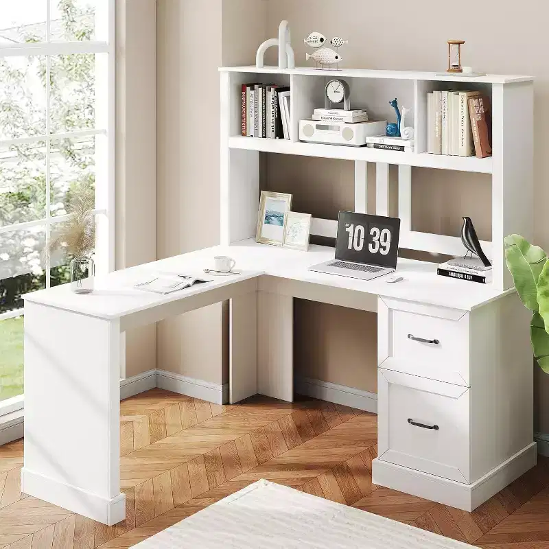 Zevemomo 60 L Shaped Desk with Hutch and Drawers, Corner Computer Desk with Open Storage Shelves,for Home Office or Bedroom, Modern white