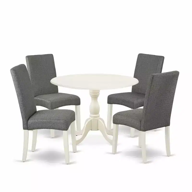 5-Piece Linen White Finish Solid Wood Top Dining table with 4 Chairs with Drop Leaf