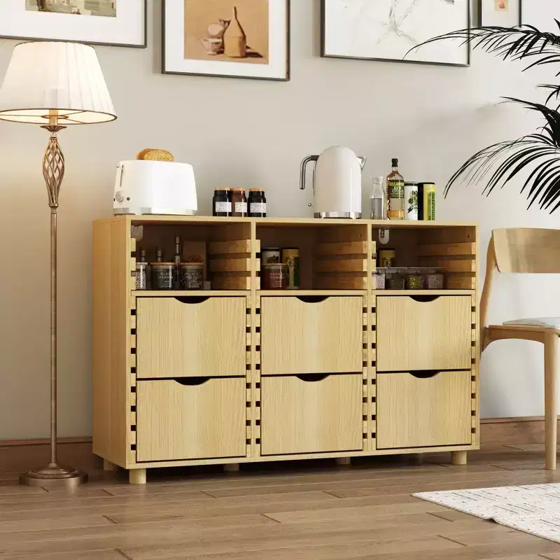Hitow Farmhouse Buffet Sideboard Adjustable 6-Drawer Cabinet Solid Wood Slats Kitchen & Dining Storage Cabinet Kitchen Pantry Storage Solution
