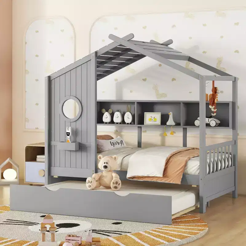 Whisen Wooden Twin Size House Bed & Modern Playhouse Design for Kids With Trundle, Storage Shelf