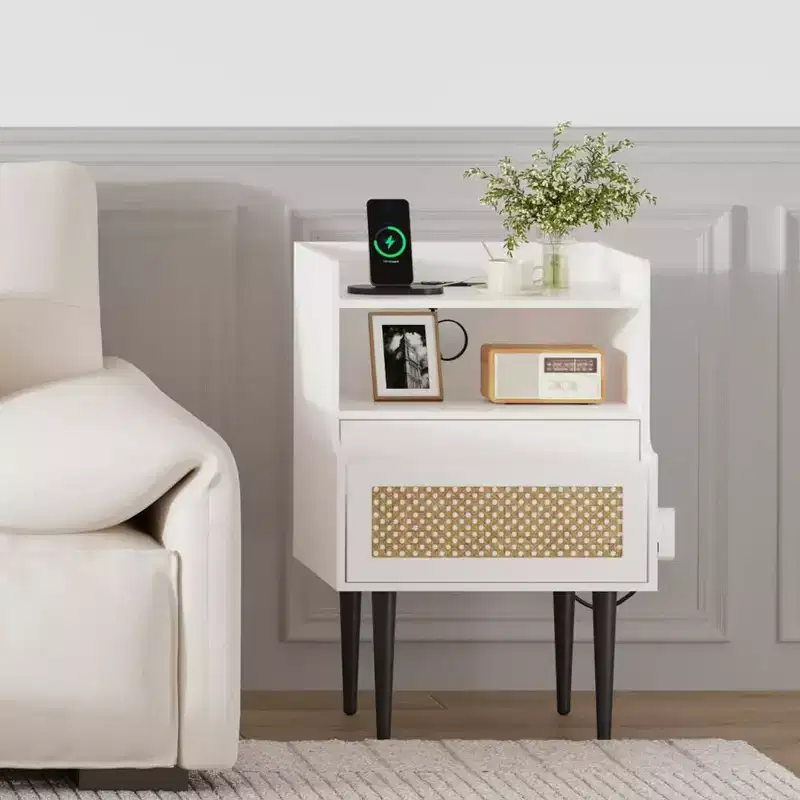 Nightstand Bedside Table - Farmhouse with Charging Outlet, Rattan Drawer & Open Shelves, End Tables