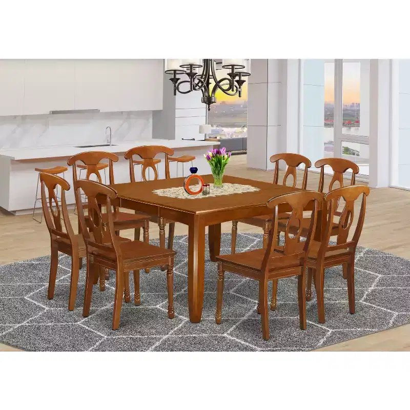 HomeStock 9-Piece Square Saddle Brown Finish Solid Wood Top Dining Table with 8-Chairs