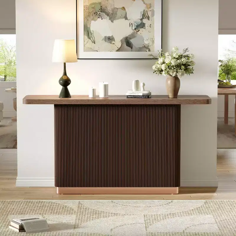 Console Table Entryway Table, Modern Hallway Table, Fluted Base with Metal Accent, Brown