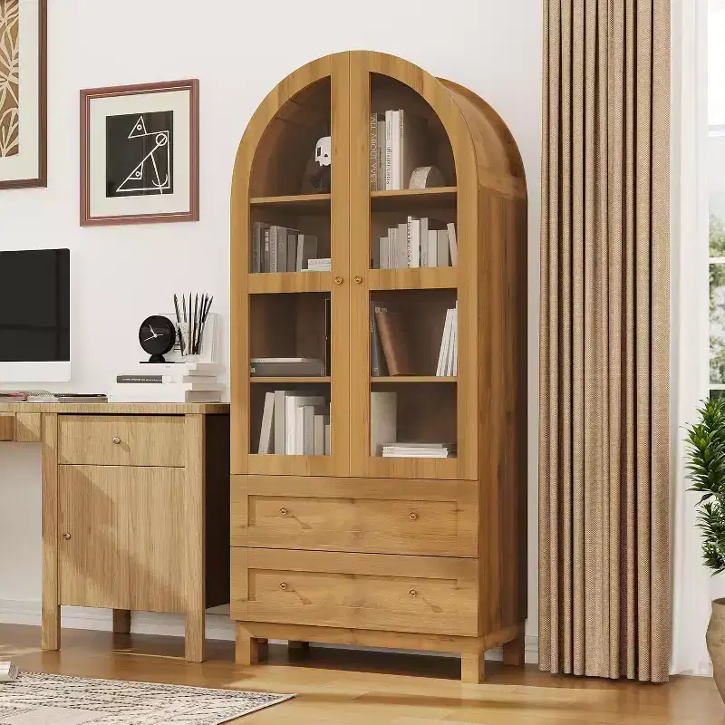 71 Tall Arched Storage Cabinet with Acrylic Doors Modern Wooden Pantry Cabinet with 2 Drawers & Adjustable Shelves, Versatile Cupboard for Kitchen