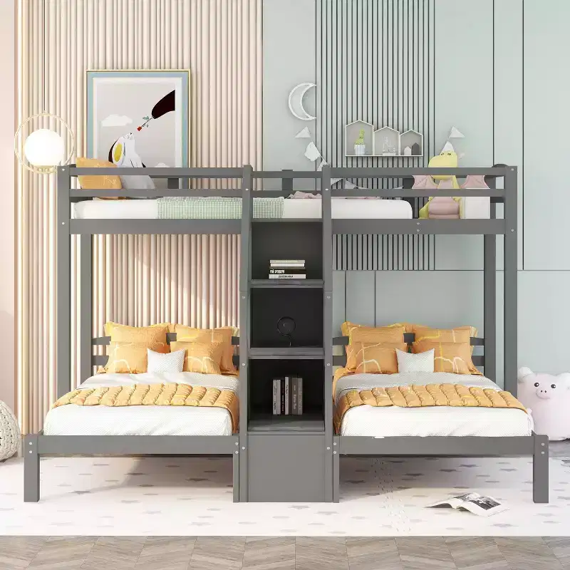Twin over Twin & Twin Bunk Bed with Upper Storage Board and Built in Storage Staircase and Small Drawers Gray