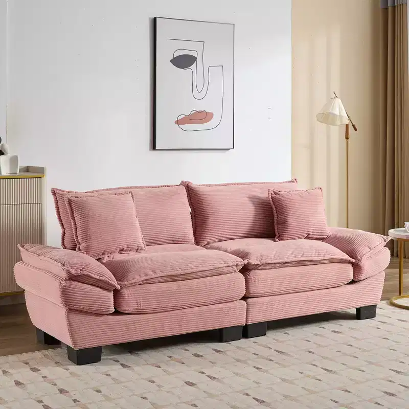 Corduroy Loveseat Upholstered Deep Seat Comfortable Sofa with Pillows for Bedroom Living Room Office Pink