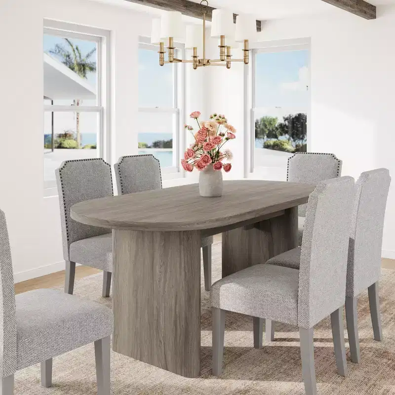Oval Dining Table Set with Upholstered Dining Chairs, Kitchen Table with Sturdy Wood Base, High Back Solid Wood Dining Chair for Kitchen