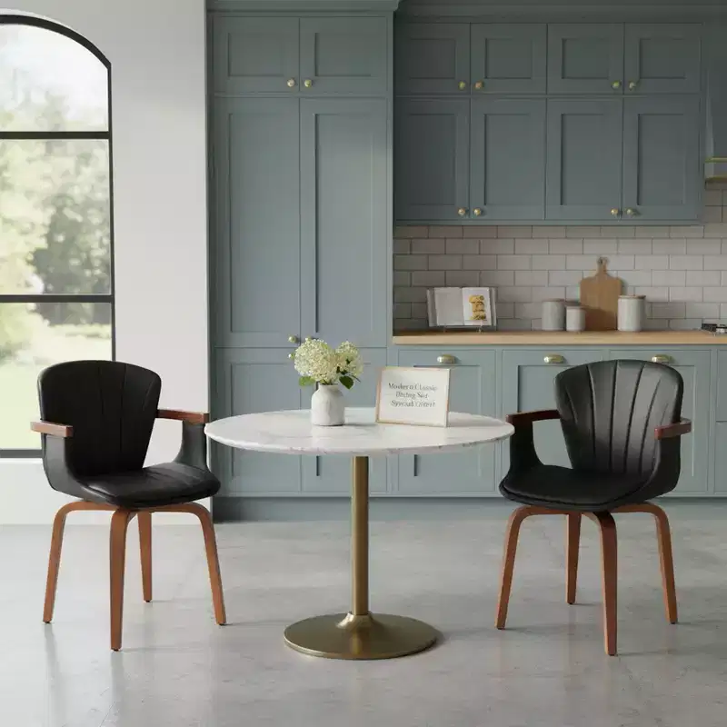 Homy Casa Set of 2 Swivel PU Leather Dining Chairs with Curved Wood Frame and Armrest