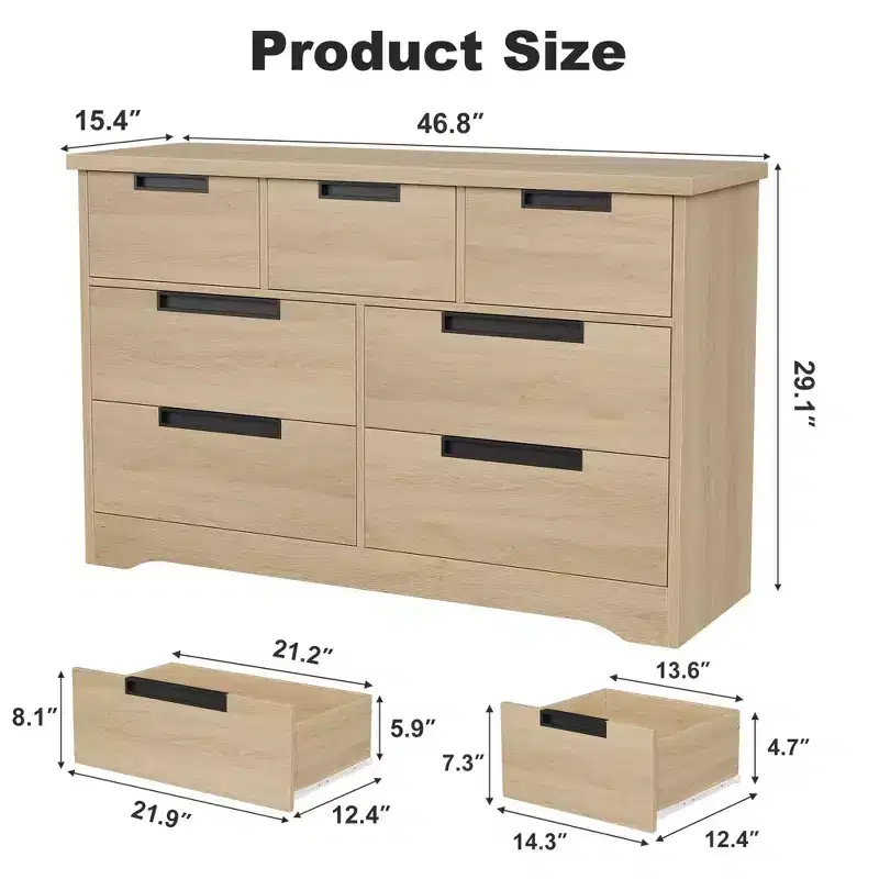 7 Drawer Dresser for Bedroom, Natural Modern Double Dresser Organizer with Embedded Handles Design, Wooden Chest of Drawers for Living Room, Hallway
