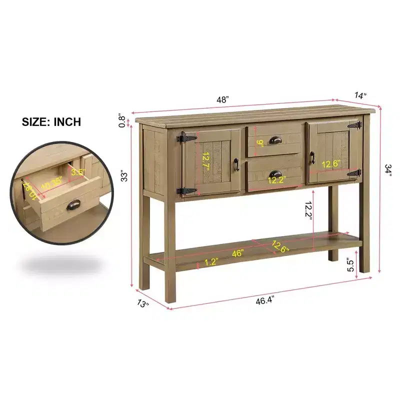 48'' Solid Wood Console Table with 2 Drawers and Cabinets for Living and Dining Room, Rustic