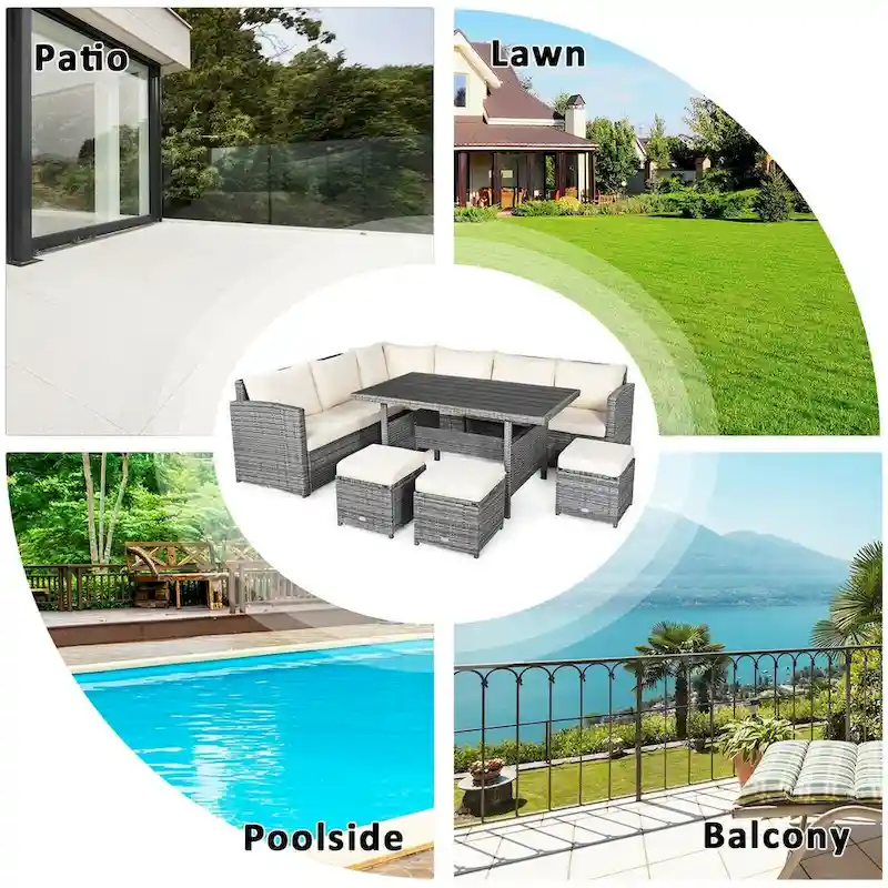 7 Pcs All-Weather Patio Rattan Dining Furniture Sectional Sofa Set with Wicker Ottoman and Cushed Couch