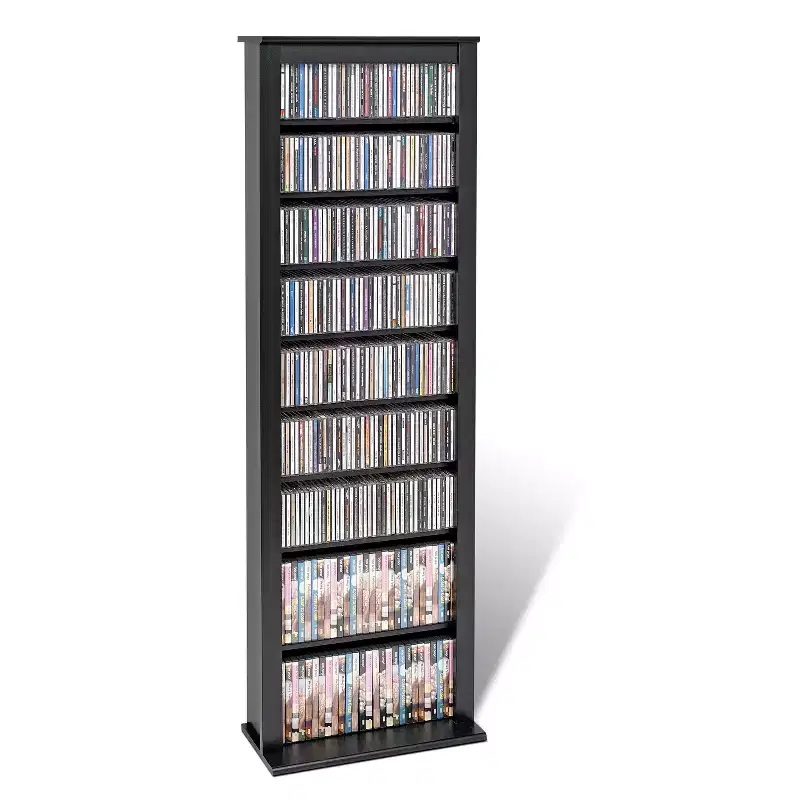 Prepac Slim Barrister Tower Black: Mid-Century Modern Media Storage Cabinet, Adjustable Shelves, Holds 391 CDs