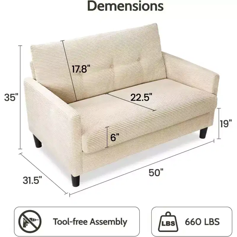 Dyonery Modern Loveseat Sofa  Solid Wood Frame & Soft Upholstery with Spring Cushion, Deep Seat Compact Couch for Bedroom, Living Room