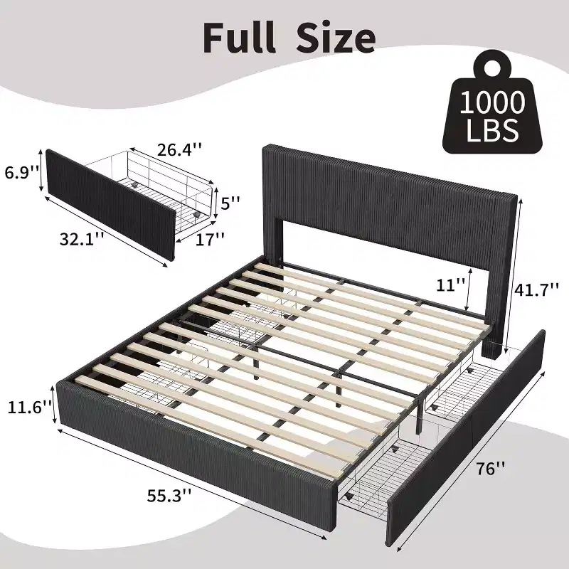Corduroy Bed Frame with Headboard, Upholstered Platform with 4 Storage Drawers, Wood Slat Support, No Box Spring Needed