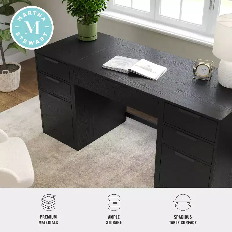 Modular Home Office Desk with Single Drawer & Dual 3-Drawer File Cabinets, Wood Composite