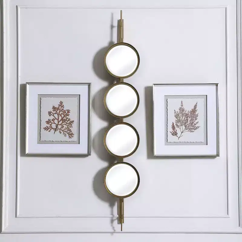 Contemporary Button Wall Mirror, Gold Leaf Iron Frame, 4 Beveled Glass Rounds, 10