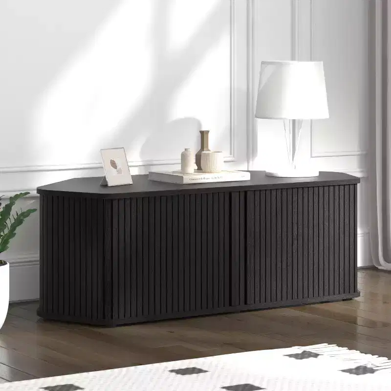 Corner TV Cabinet with Sliding Tambour Door in Black Oak, 43.3 W x 20 D x 14.8 H