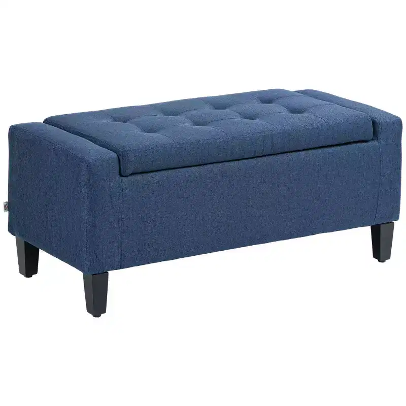 Zeus & Ruta Linen Tufted Lift-Top Storage Upholstered Storage Ottoman Bench for Living Room or Bedroom, Dark Blue