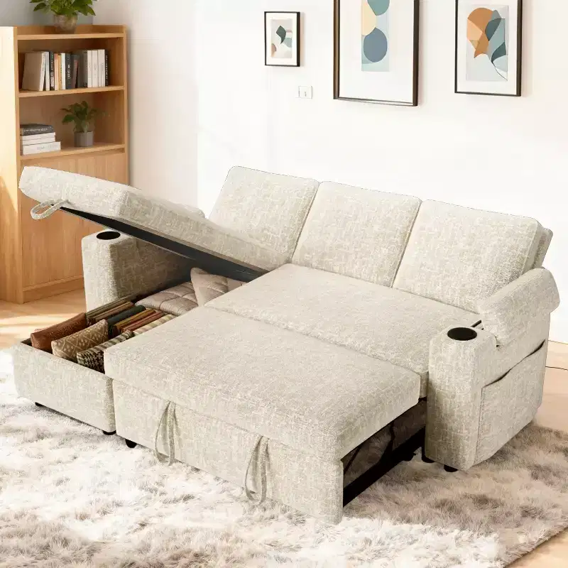 Dyonery 82 Sleeper Sofa Bed, L-Shaped Reclining Couch with Reversible Storage Chaise, Tool-Free Assembly