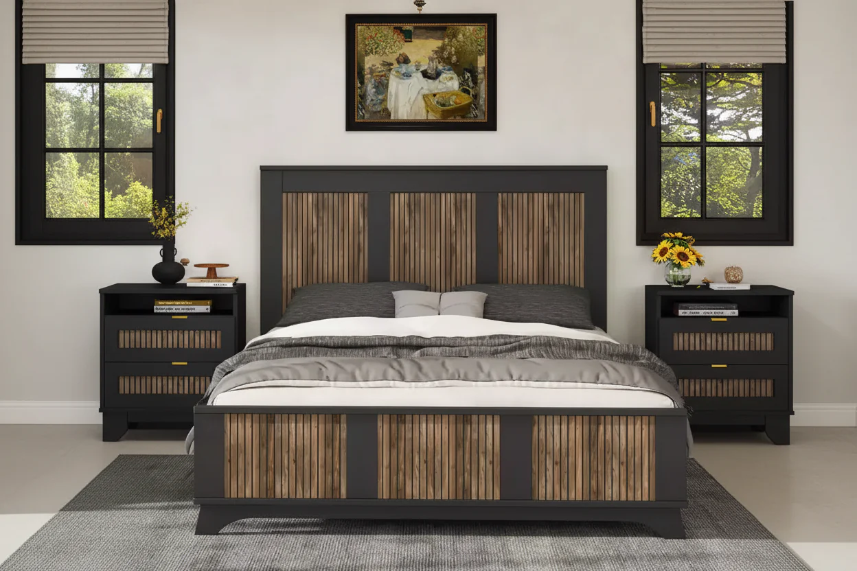 Farmhouse Queen Size Wooden Slatted Platform Bed Frame