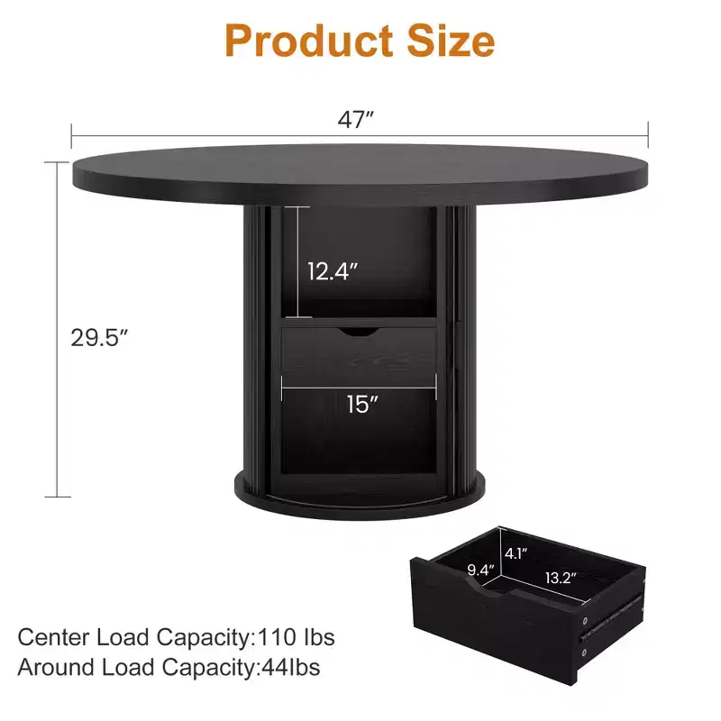 47 Inch Round Dining Table for 4, Kitchen Table with 2-Layer Storage Shelf and a Drawer, Farmhouse Circle Dinner Table (Table Only)