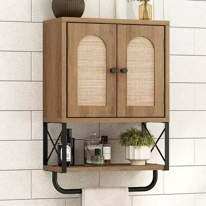Rattan Bathroom Wall Cabinet Boho Over Toilet Storage with Arched Rattan Doors Modern Cabinet Adjustable Shelves