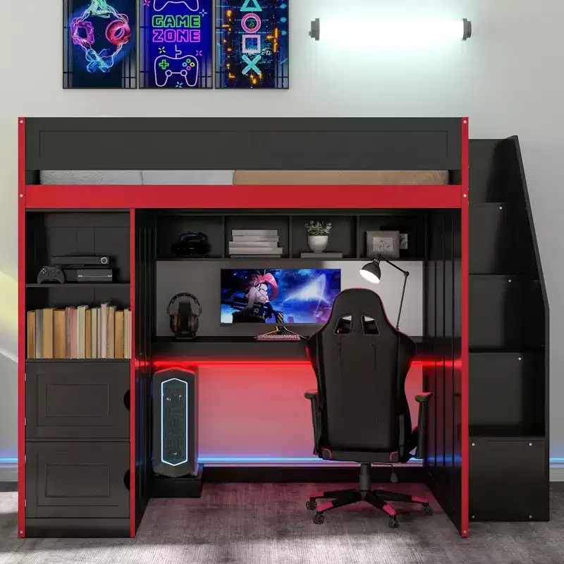 GDFStudio Barnes Gaming Loft Bed with Desk and Storage, LED Lights