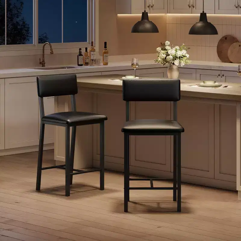 Bar Stools Set of 4, Upholstered Counter Height Bar Stools with Backrest and Footrest, Tall Bar Chairs with Thick Cushion, for Dining Room