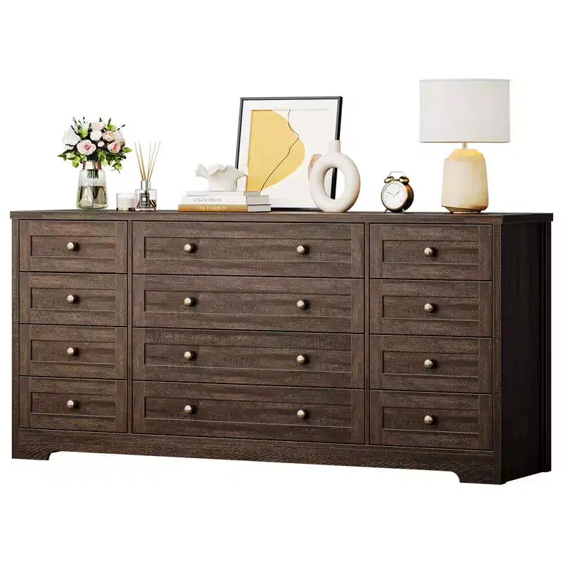 Modern 12-Drawer Sturdy Wood Dresser for Bedroom  63 Wide Chest of Drawers & TV Stand  Deep Storage Cabinet  Ideal for Living Room, Hallway