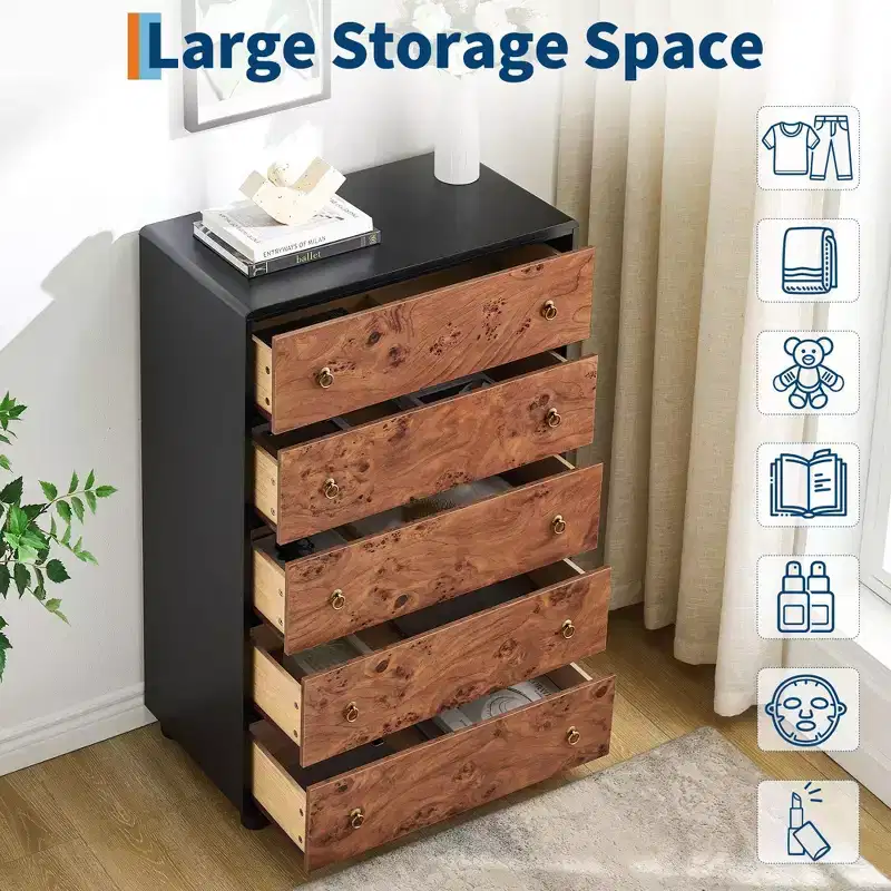 5 Drawers Dresser, 46 Tall Modern Chest of Drawers with Natural Texture, Curved Profile Design, Dresser TV Stand