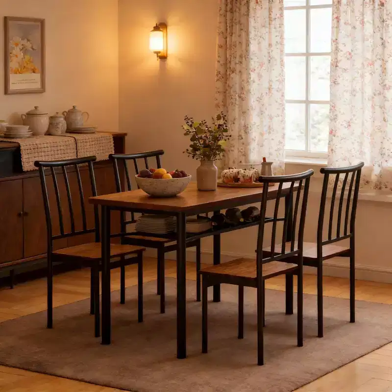 5 Piece Modern Dining Table Set for 4, Wood & Metal Kitchen Table with Storage Rack and 4 Chairs, Space Saving for Breakfast Nook