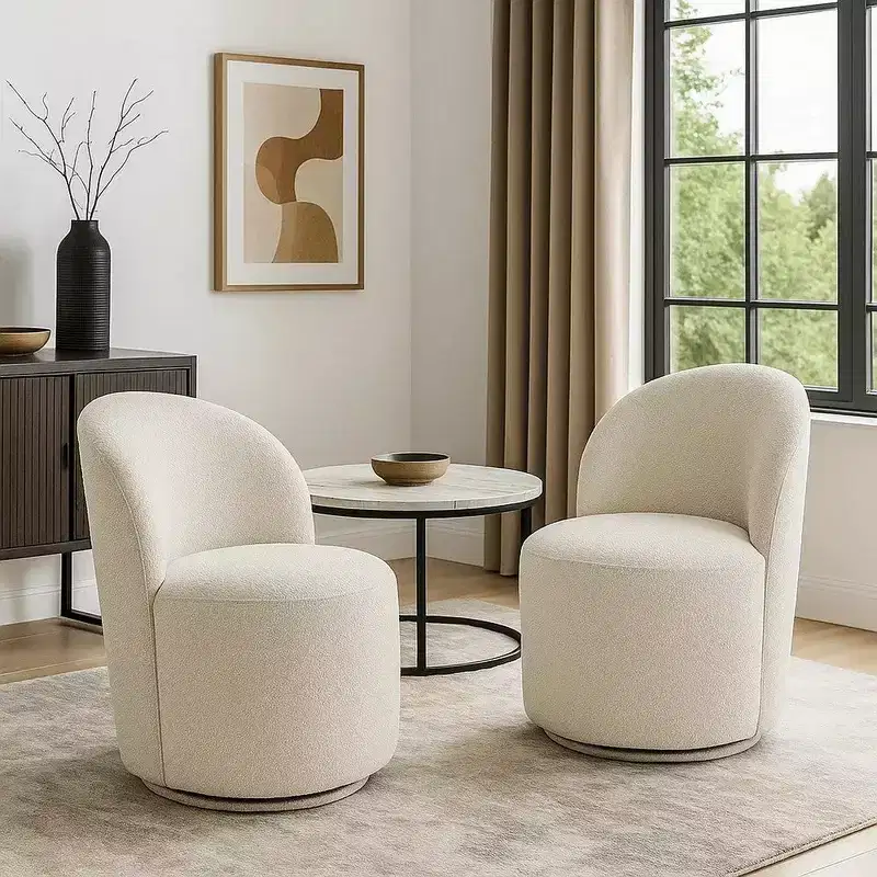 Royal Hampton Accent Chair Set of 2, 360 Degree Swivel Rotation, Beige White Boucle