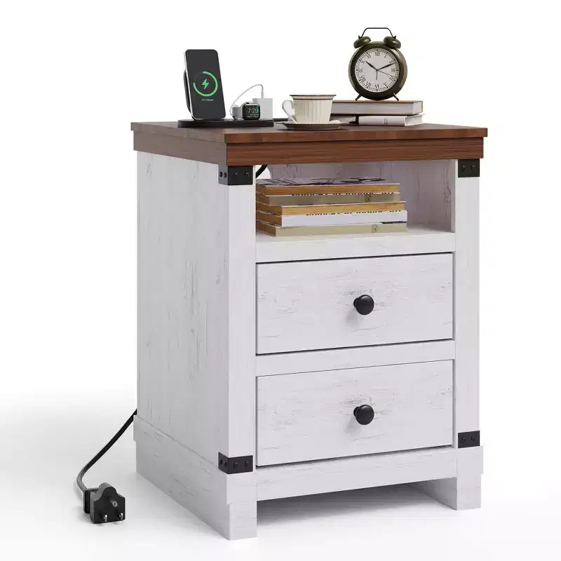 White Modern Farmhouse Nightstand  2-Drawer Bedside Table with USB Charging Station & Open Shelf for Bedroom/Living Room