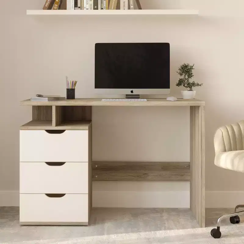 Computer Desk - Contemporary Desk with Attached 3-Drawer File Cabinet - For Home Office, Bedroom, Computer, or Craft Table by Lavish Home (White)