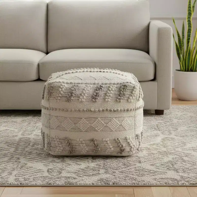 HomeRoots 18 Ivory and Natural Cotton And Wool Striped Pouf Ottoman