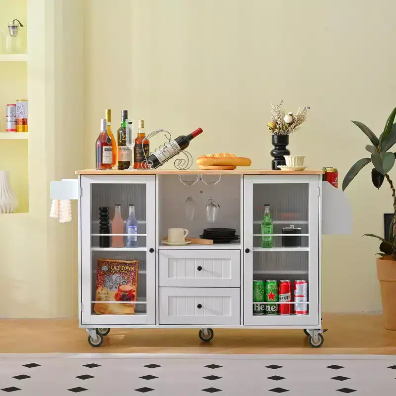 GDFStudio Kathleen Modern 47.6 Wood Mobile Kitchen Island Storage Trolley Cart with Dropleaf Top