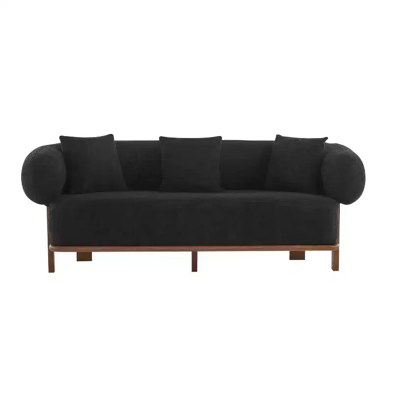 Christopher Knight Home Tadg 82 Rubberwood Boucle Upholstered 3 Seater Curved Sofa with 3 Pillows and Round Arm