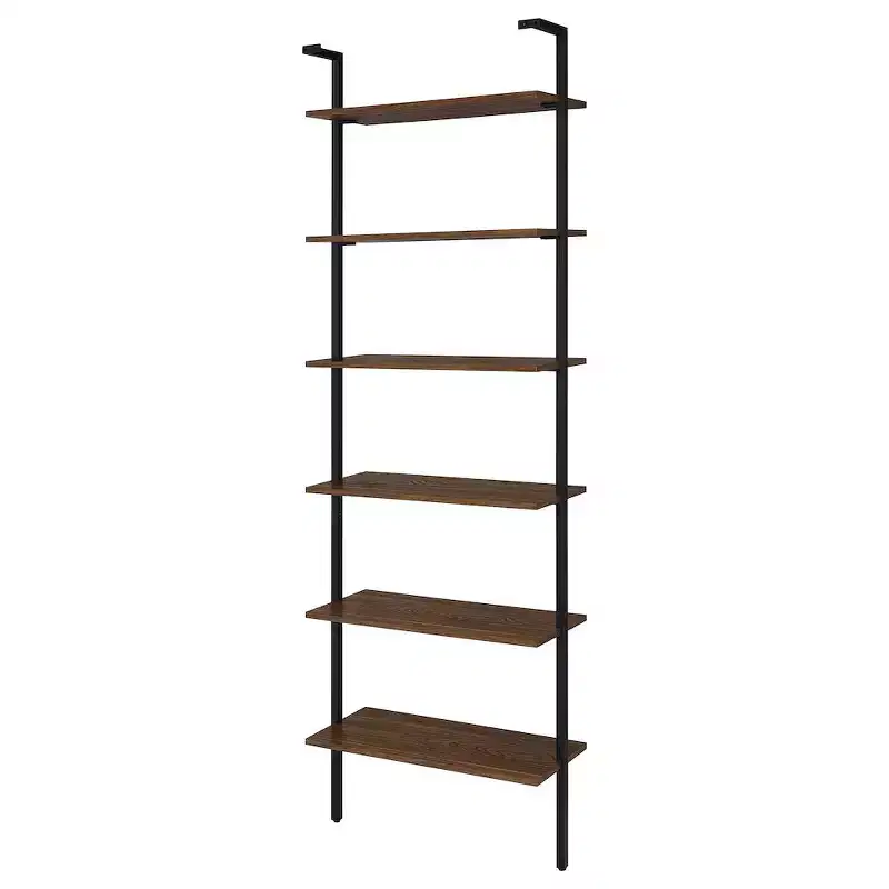 Walnut 6-Shelf Wall Bookcase, Black Metal Frame, 96