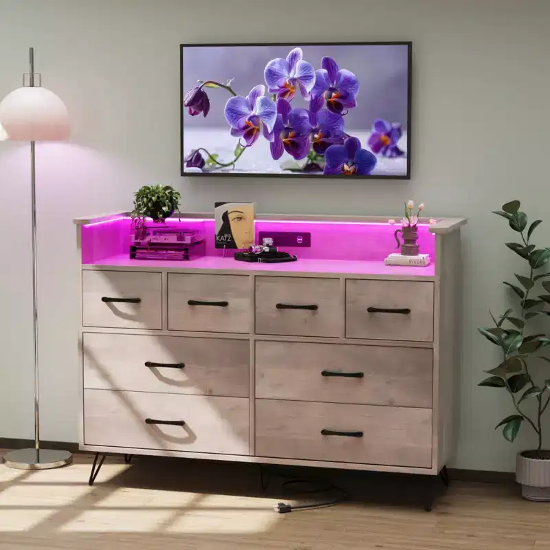 8-Drawer Dresser with Power Outlet, LED Lights & Gold Handles, Modern Wood Chest, White