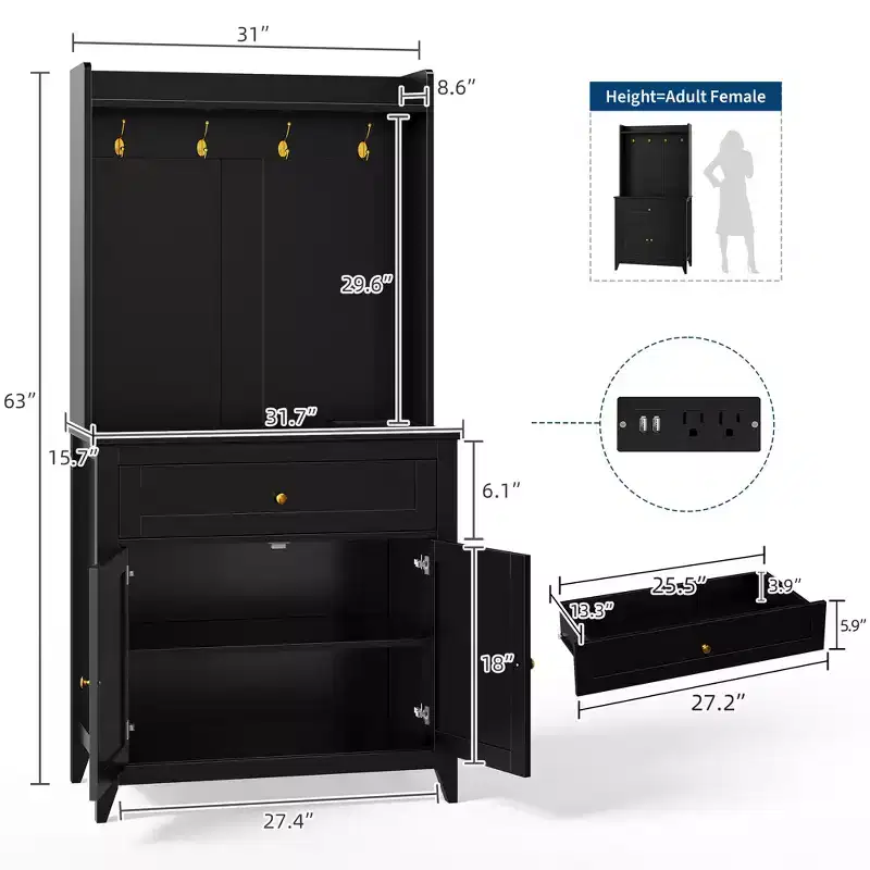 63 Kitchen Pantry Cabinet with Charging Station, Coffee Bar Station with 1 Large Drawer, Adjustable Shelves and 4 Hooks