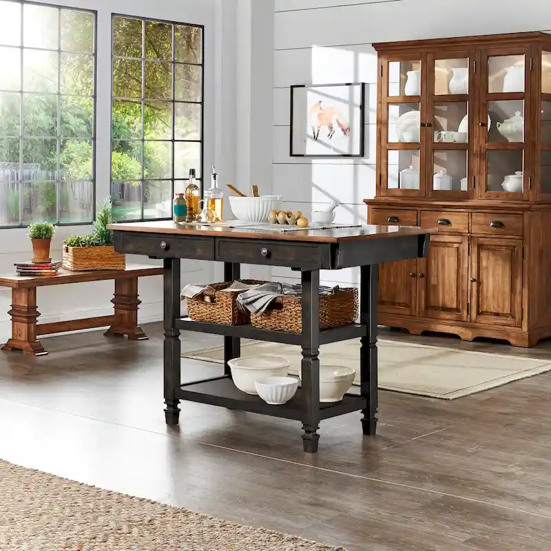 Two-Tone Kitchen Island Buffet with Drawers and Shelves