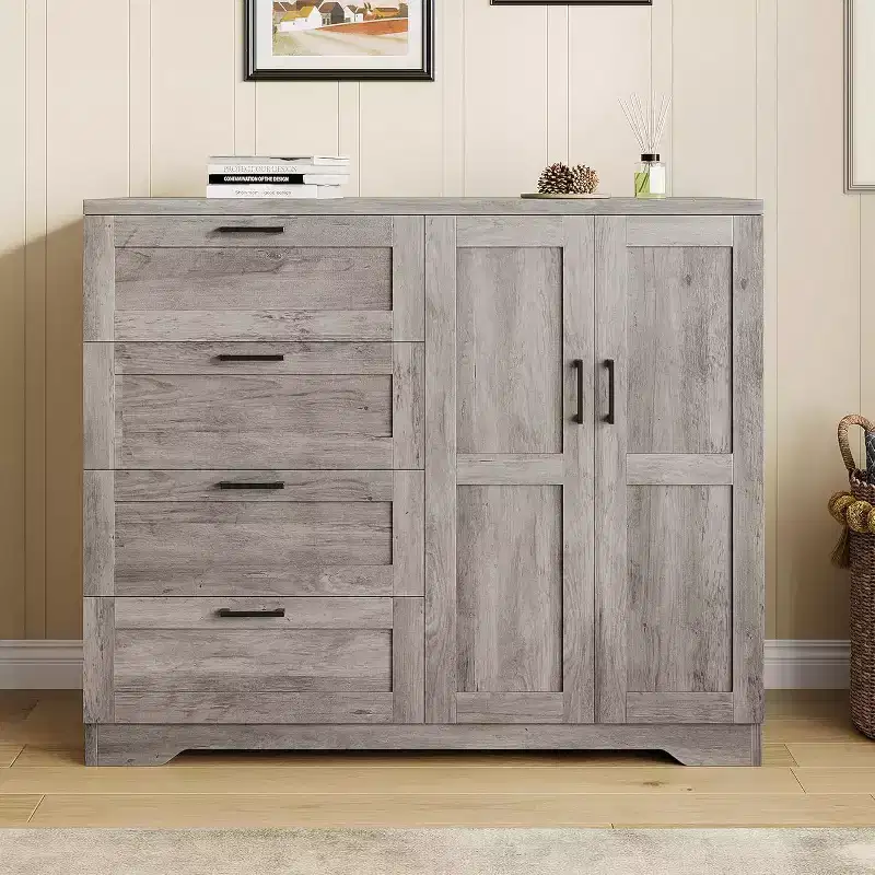 2-Door Wardrobe Dresser, Closet Armoire with 4 Drawers & Hanging Rod