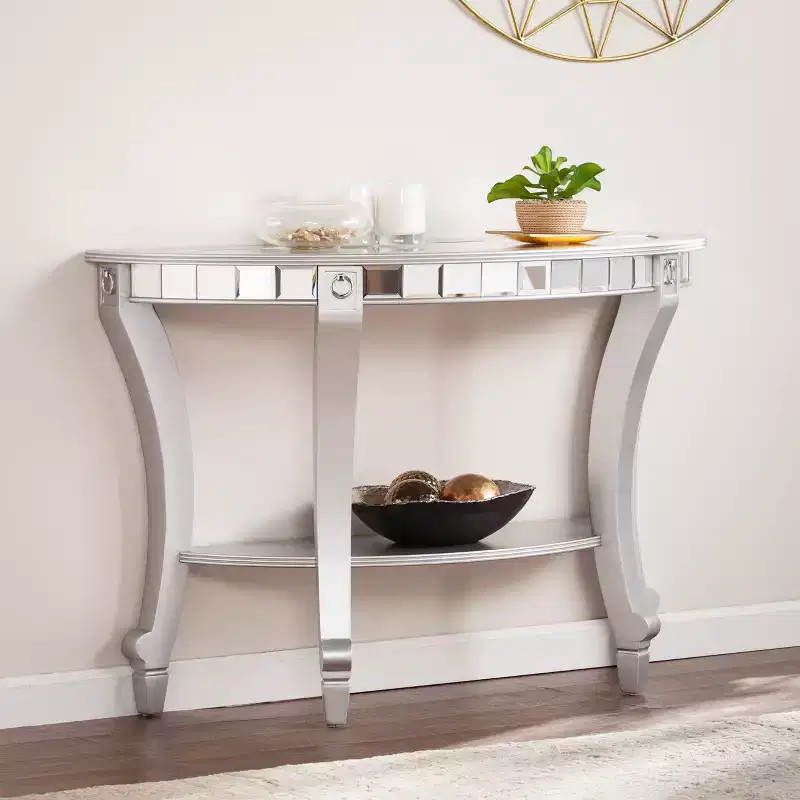 Mirrored Half Moon Console Table, Silver, MDF + Mirror, Fixed Shelf, Holds 40 lbs, 30