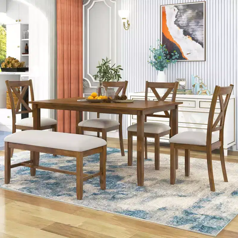Whisen 6-Piece Wooden Rectangular Kitchen Dining Table Set with 4 Fabric Chairs and Bench