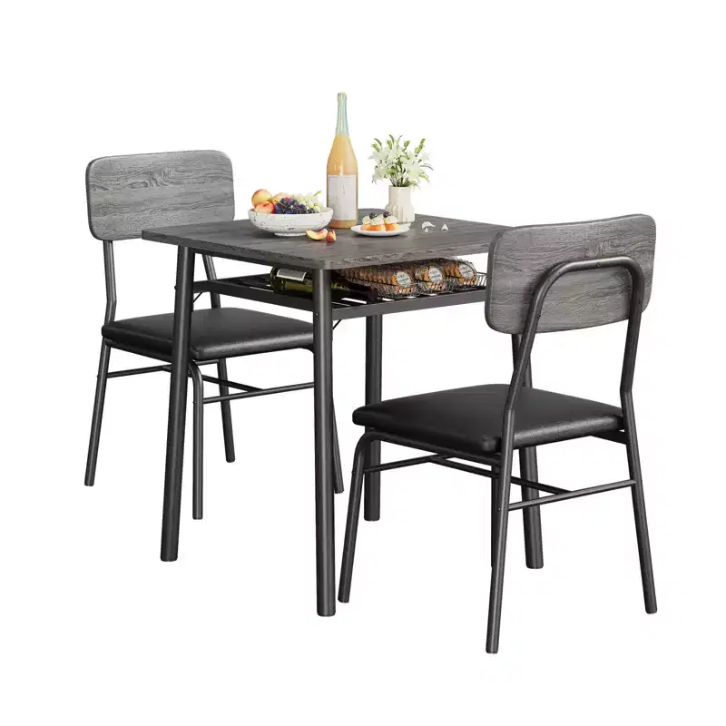 3-Piece Dining Set for 2  Compact Table with Storage Shelf & 2 Upholstered Chairs, Gray Wood-Grain Top & Black Metal Legs for Kitchen or Living Room
