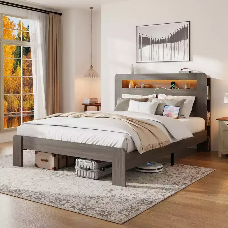 GDFStudio Lyvi Modern Wooden Platform Bed with Storage Headboard and LED Light