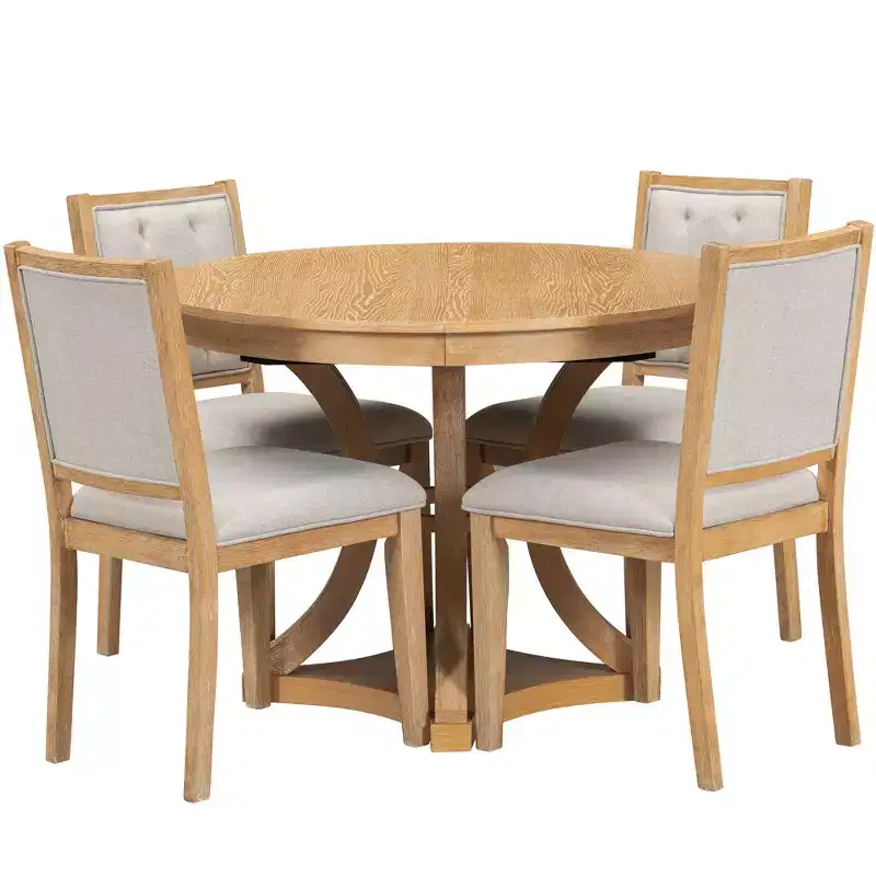 Merax Stylish 5-Piece Retro Dining Set with Extendable Round Table & 4 Upholstered Chairs