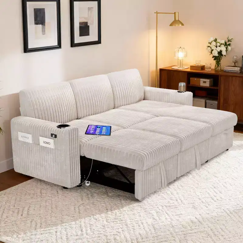 L-Shaped Sectional Sleeper Sofa with Pull-Out Bed, USB Ports & Storage