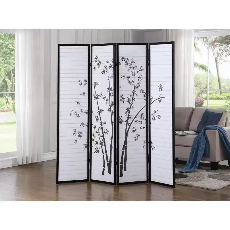 Roundhill Furniture Bamboo Print 4-Panel Framed Room Divider, Black